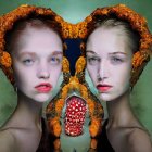 Symmetrical portraits of a woman with orange floral wreaths and red fruit.