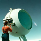 Person peering through large telescope under starry sky with smaller telescope.