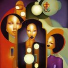 Colorful surrealistic art of three elongated women in fantasy style