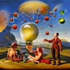 Surreal painting: People in 20th-century attire picnicking under floating spheres