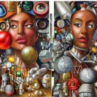Colorful digital artwork of two stylized female faces with futuristic motifs and spheres.