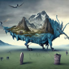 Blue creature with mountainous ridge in moody landscape with tiny humans and flying machines