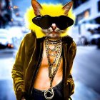 Stylized image of cat with human body in yellow fur coat, sunglasses, and gold chains