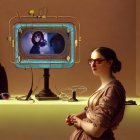 Stylized image of woman with sleek hair and colorful dress beside retro-futuristic TV.