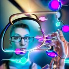 Digital Artwork: Two Female Faces with Stylish Glasses in Futuristic Neon Setting