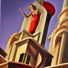 Stylized painting of woman in red dress on art nouveau architectural structure