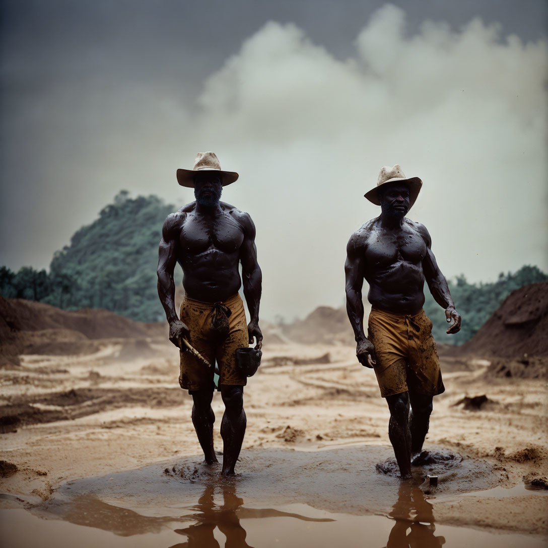 Muscular men covered in mud wearing hats and shorts in cloudy landscape