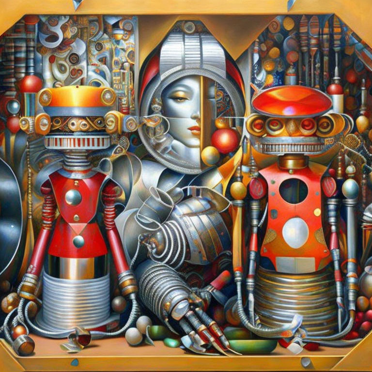 Colorful painting of three robot figures in intricate machinery with metallic textures.