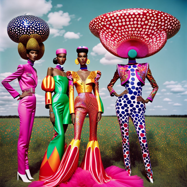 Avant-garde outfits with oversized mushroom headpieces in vibrant colors
