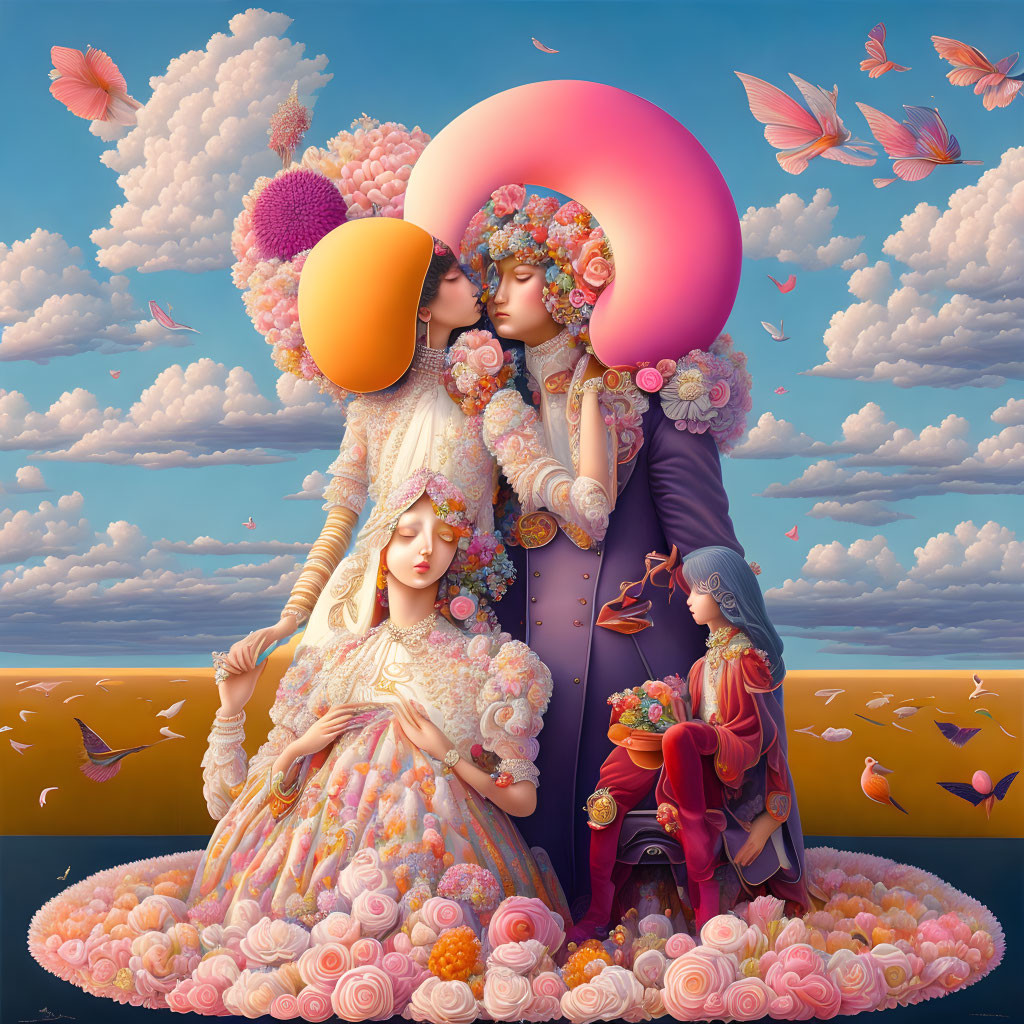 Whimsical figures in floral outfits under pastel sky with roses