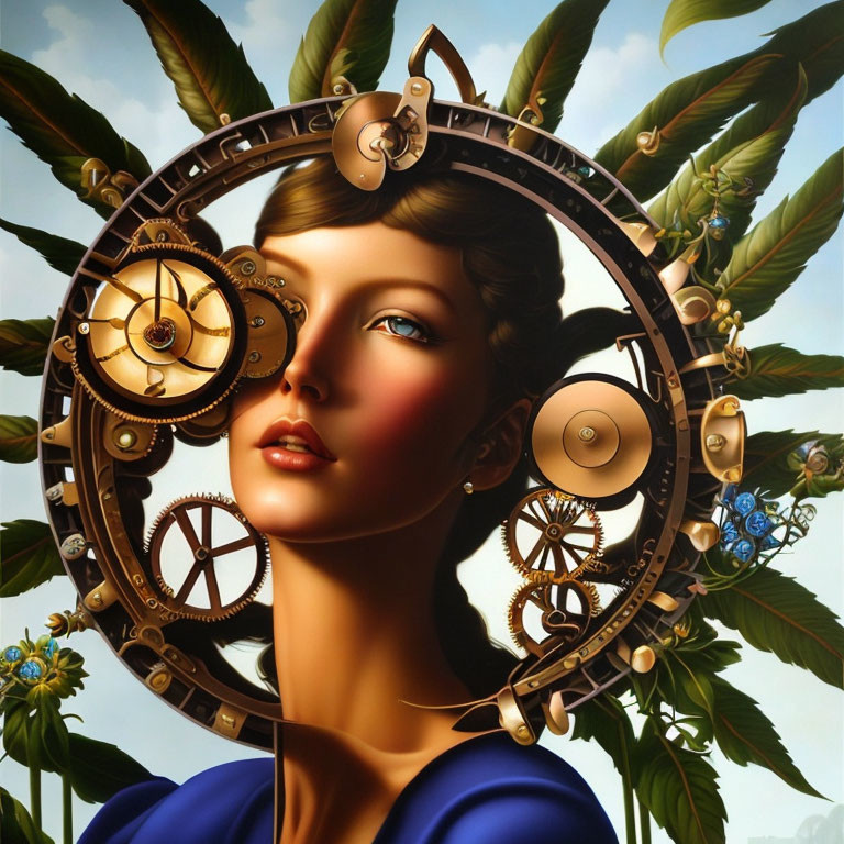 Surreal portrait of woman with clockwork head against leafy backdrop