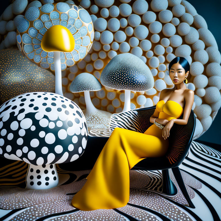 Woman in Yellow Outfit Surrounded by Stylish Mushroom Art