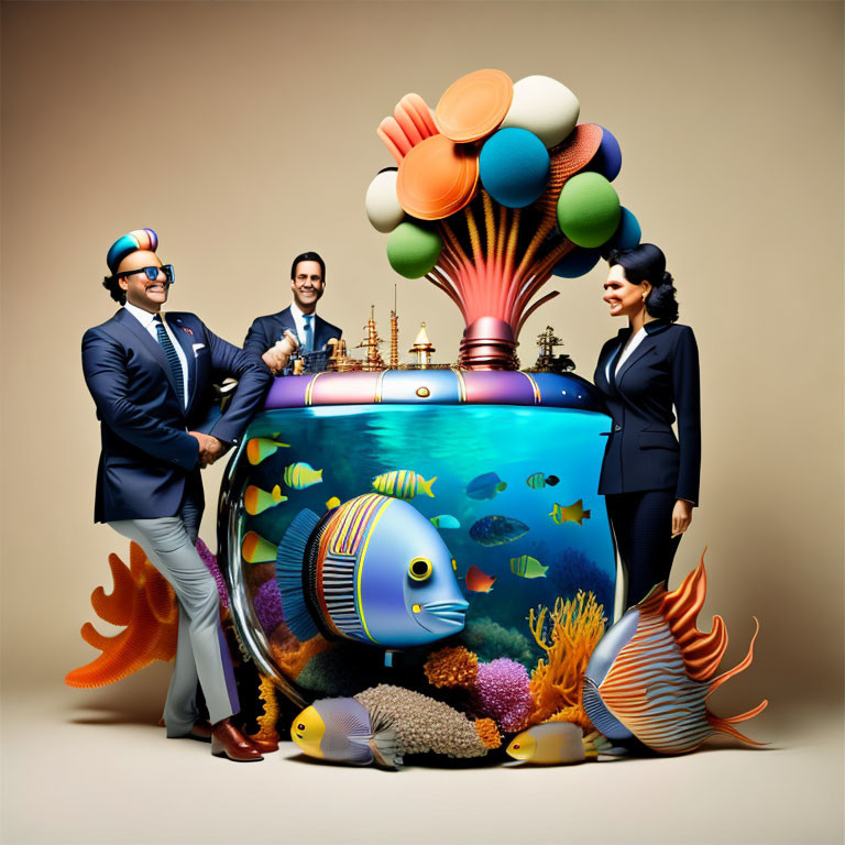 Three professionals next to large surreal fishbowl with whimsical aquatic scene