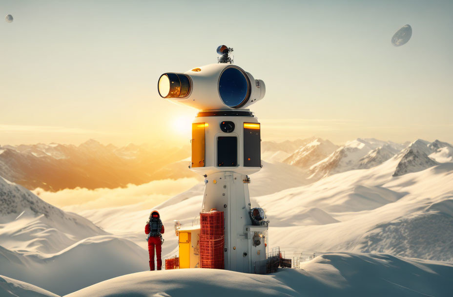 Snow-covered Mountaintop Observatory with Large Telescope and Sunset Observation