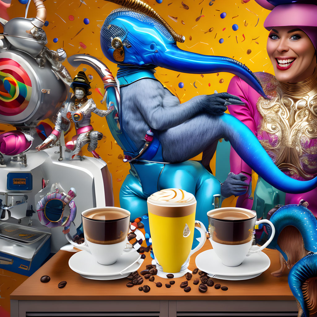 Colorful Alien, Robot, and Woman in Coffee Scene