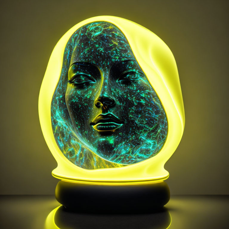 Stylized female face lamp with cosmic pattern and neon yellow glow