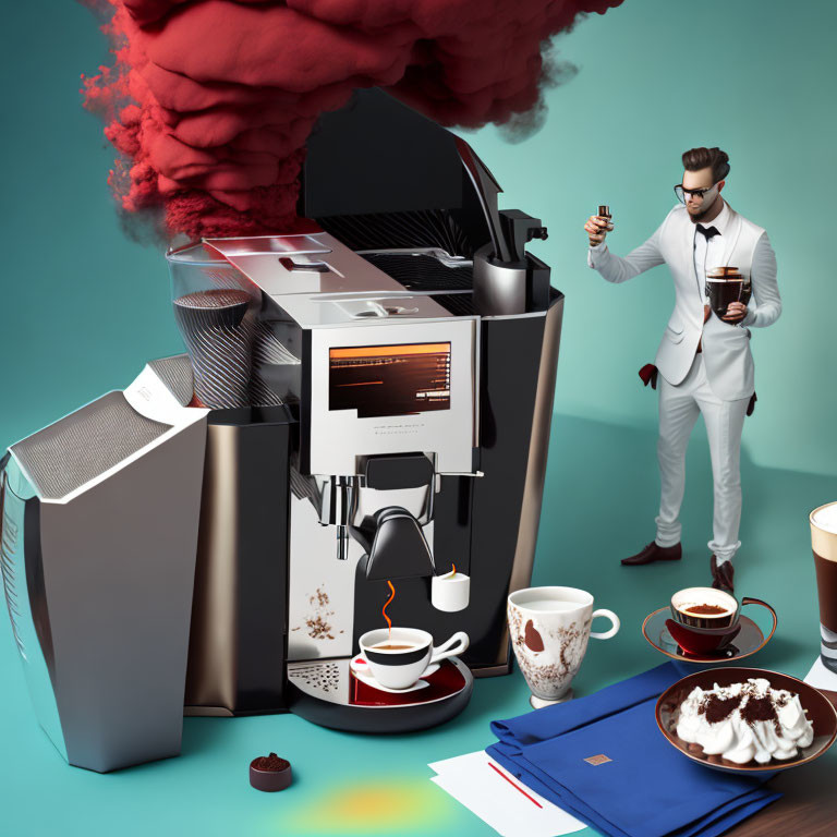 Man in White Suit by Smoking Espresso Machine with Coffee Cups and Papers