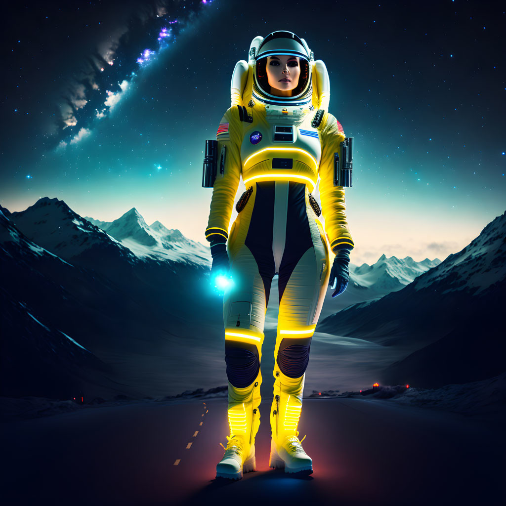 Astronaut in Yellow and White Suit on Snowy Road with Starry Night Sky