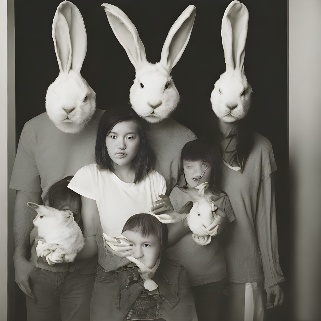 Monochrome family portrait with rabbit head adults and children holding rabbits