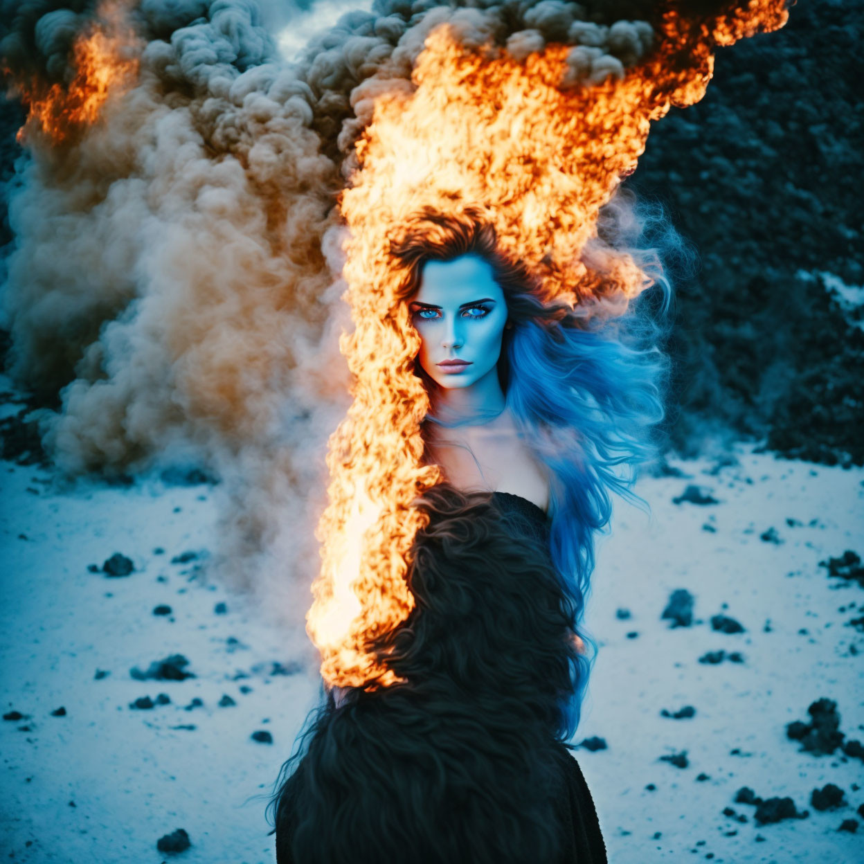 Blue-tinted woman with flowing hair in fiery setting exudes mystical aura