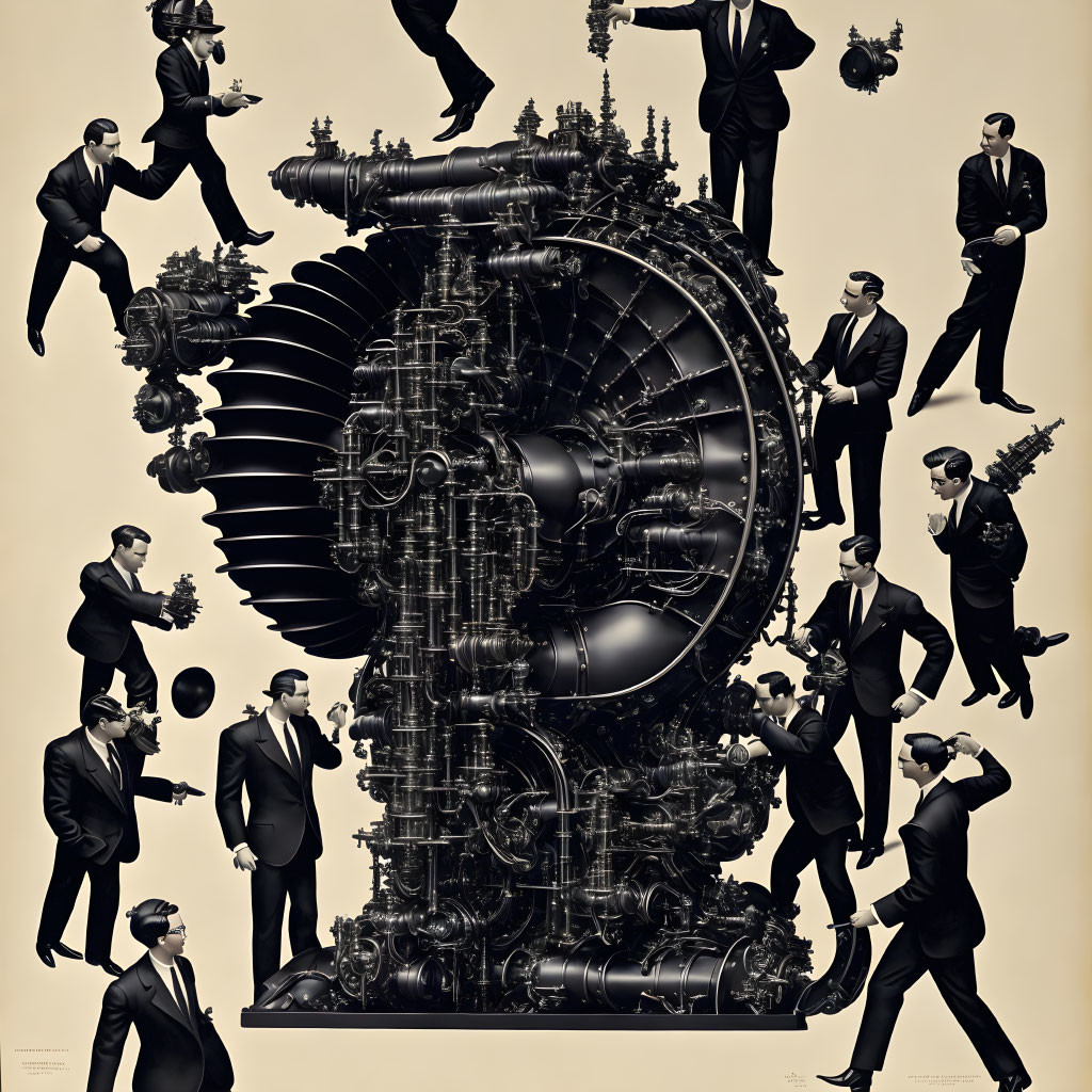 Monochromatic artwork of men in suits with detailed jet engine.