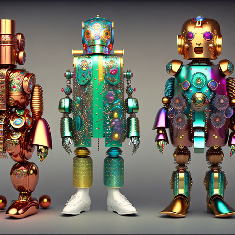 Three ornate robots with intricate designs and patterns, unique colors and mechanical features