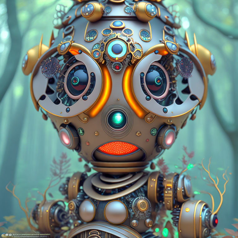 Steampunk-style robotic head with glowing gears in mystical forest.
