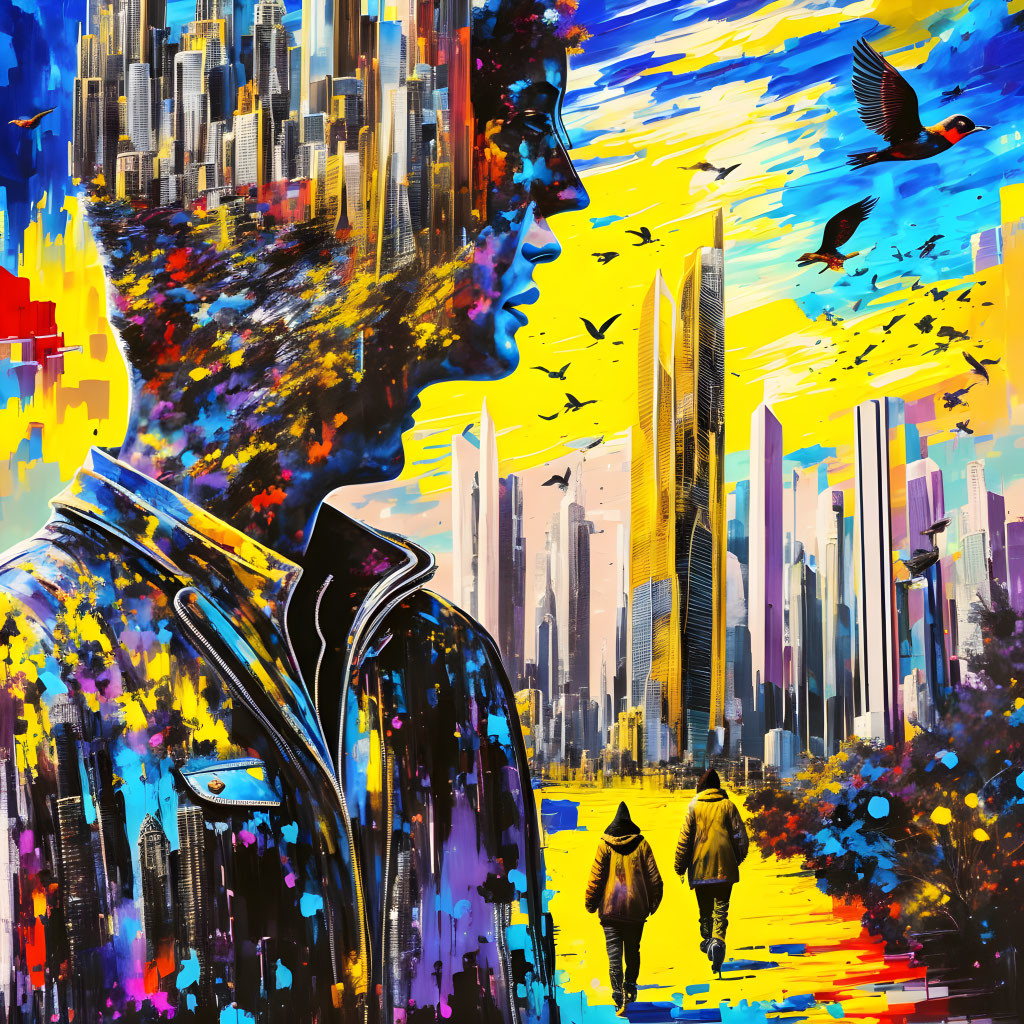 Colorful Abstract Art: Cityscape & Profile Merge with Birds & Pedestrians