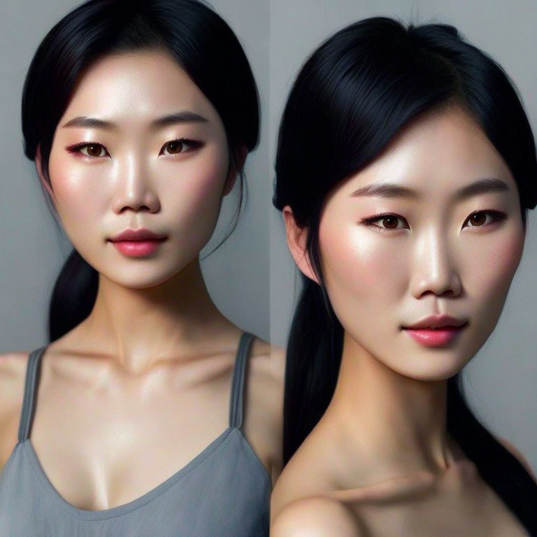 Asian woman with sleek black hair and luminous skin in dual poses