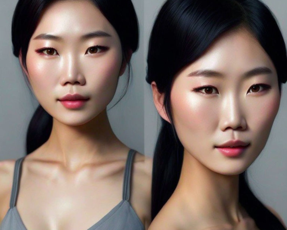 Asian woman with sleek black hair and luminous skin in dual poses