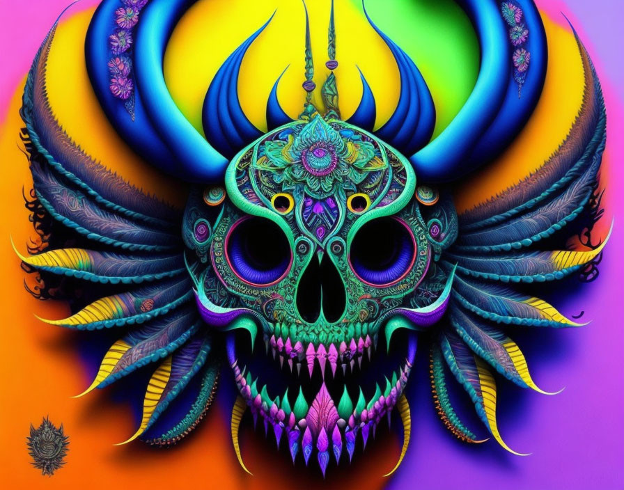 Colorful digital artwork: stylized skull with intricate patterns and feathers on psychedelic background