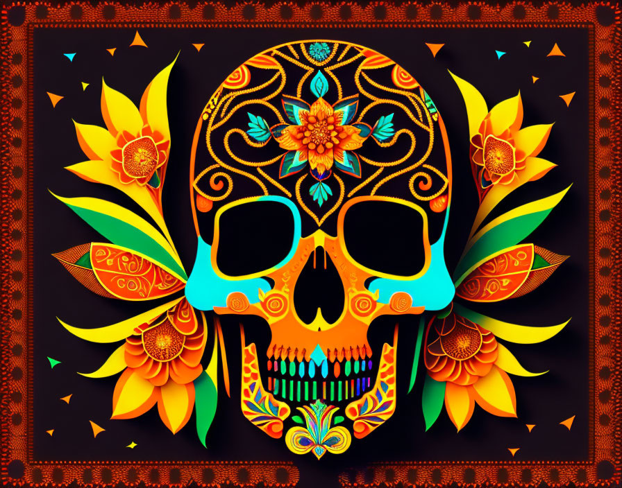 Vibrant Day of the Dead skull with floral patterns