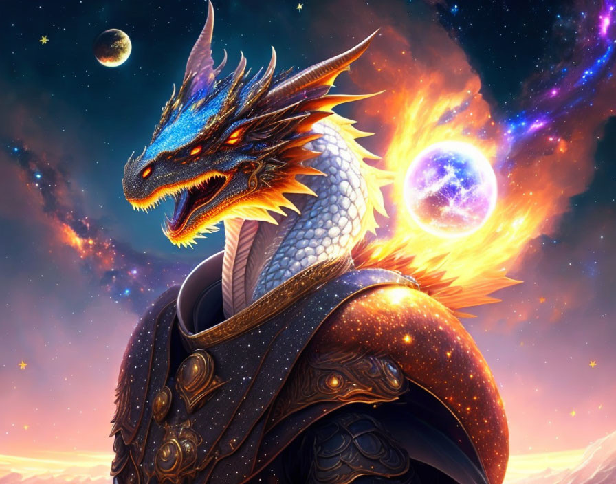 Blue dragon in dark armor against cosmic backdrop with star, planets, and nebulae