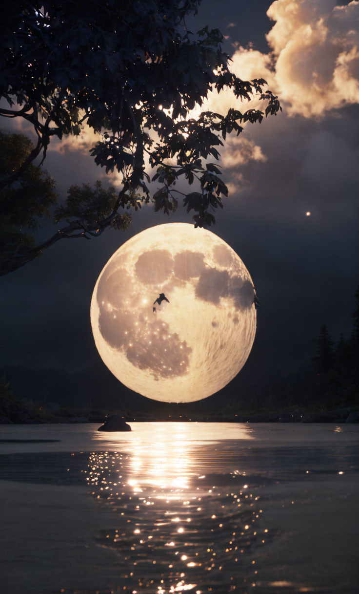 Full Moon Rises Behind Silhouetted Trees and Calm Water