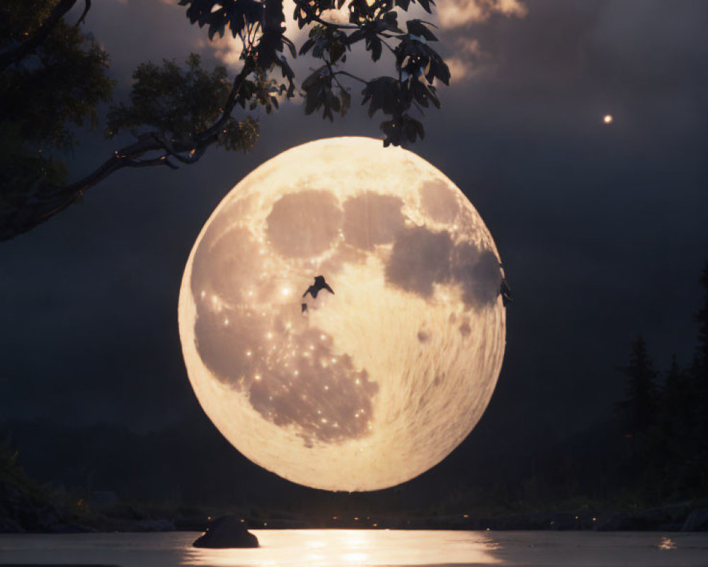 Full Moon Rises Behind Silhouetted Trees and Calm Water