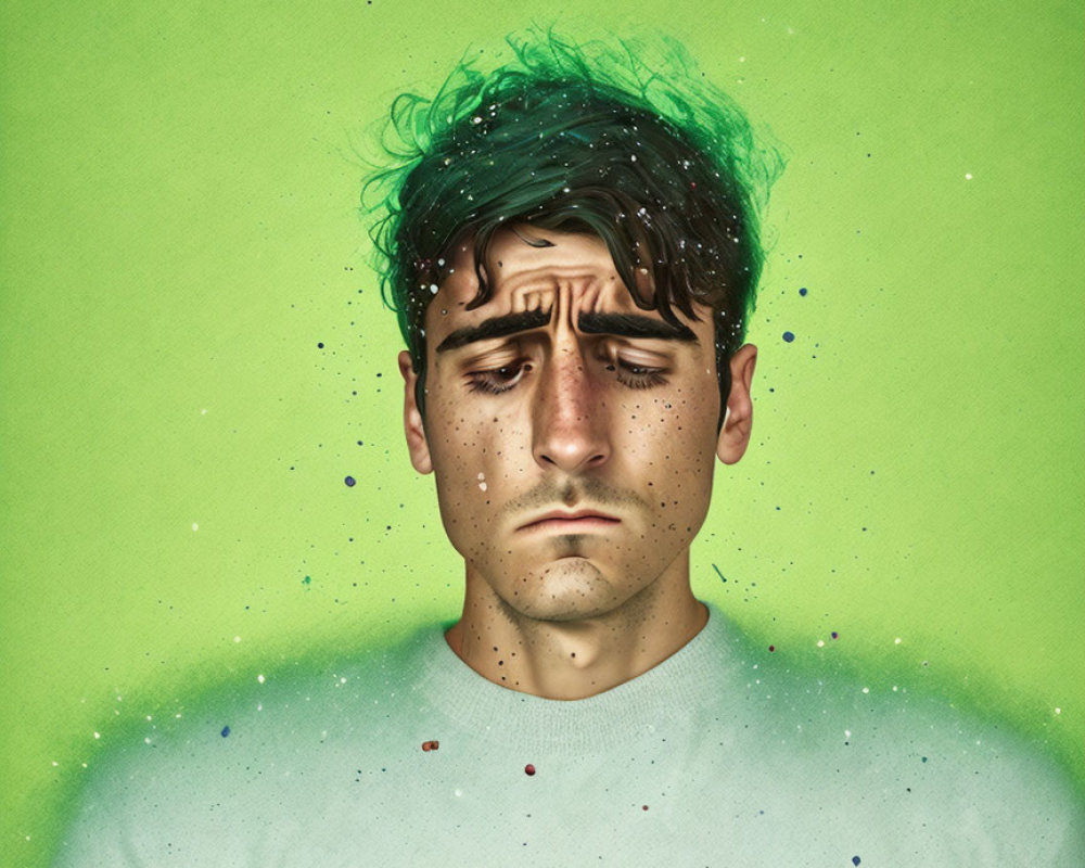 Man with miniature self painting green hair on solid background