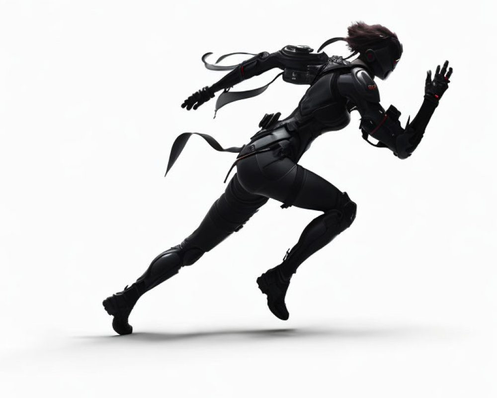 Female Figure Silhouette in Futuristic Black Suit with Cables and Helmet Running