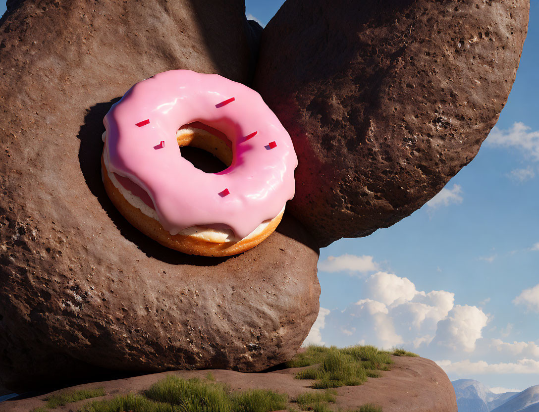 Giant Pink-Frosted Doughnut Between Boulders in Grass Landscape