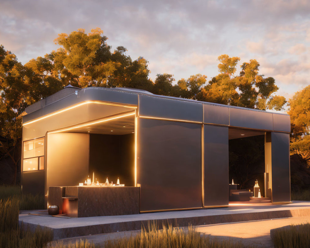 Contemporary minimalist house with large windows, outdoor lighting, and tall grasses at dusk.