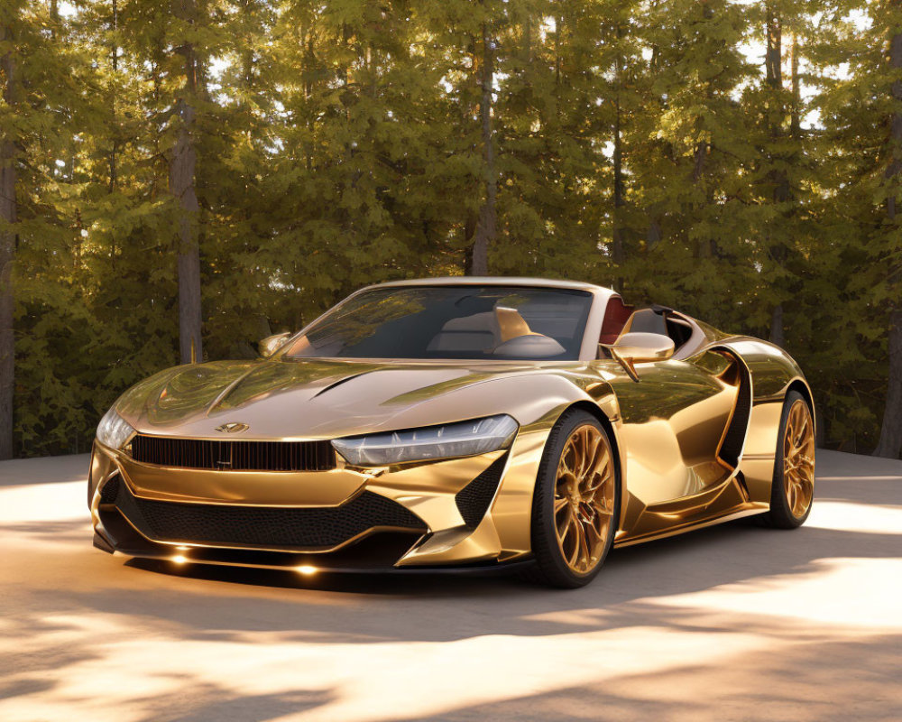 Shiny gold sports car in forest clearing with tall pine trees