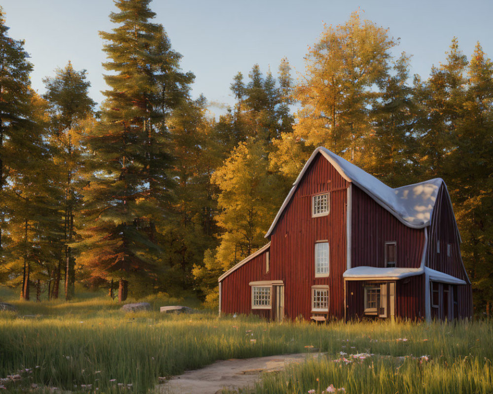 Tranquil autumn landscape with red barn and colorful trees at sunset