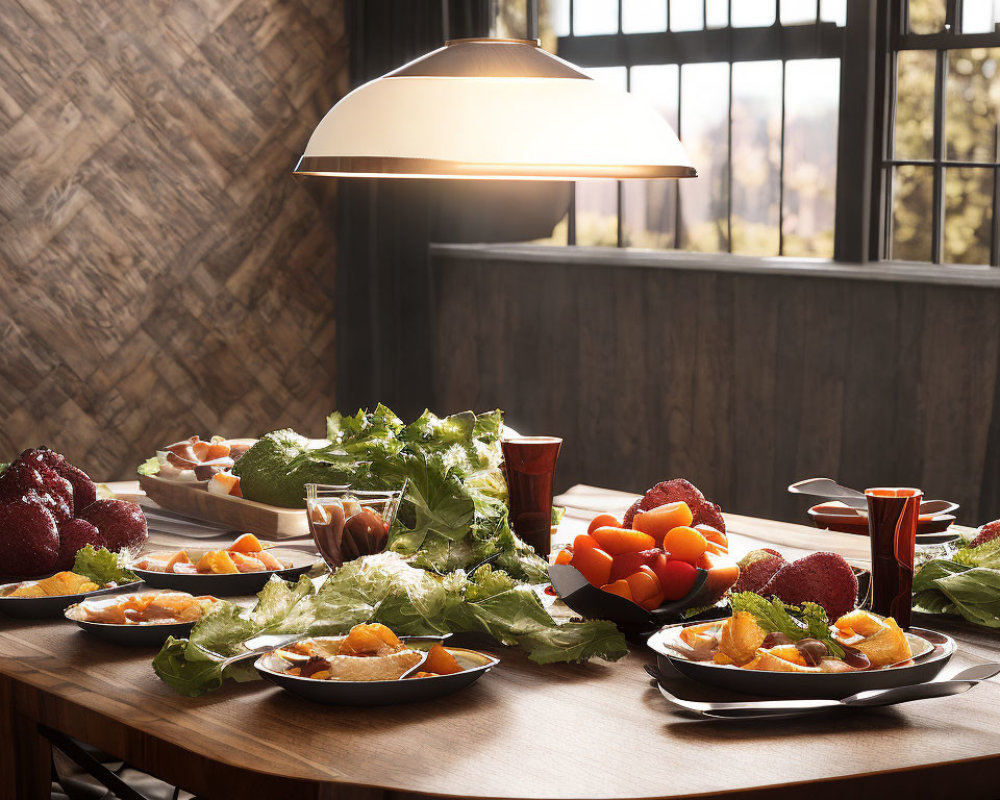 Inviting dining scene with pendant lamp, wooden table, food, drinks, and window view