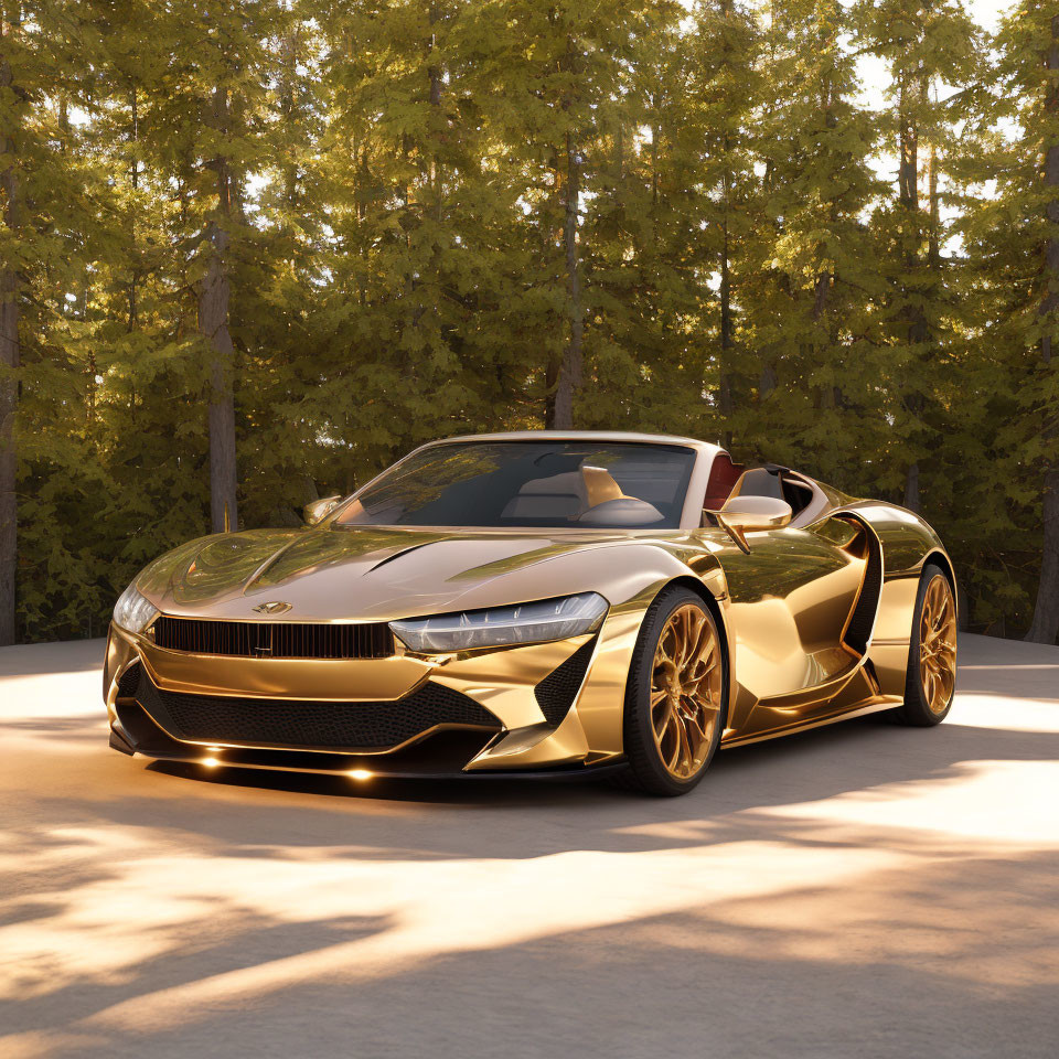 Shiny gold sports car in forest clearing with tall pine trees