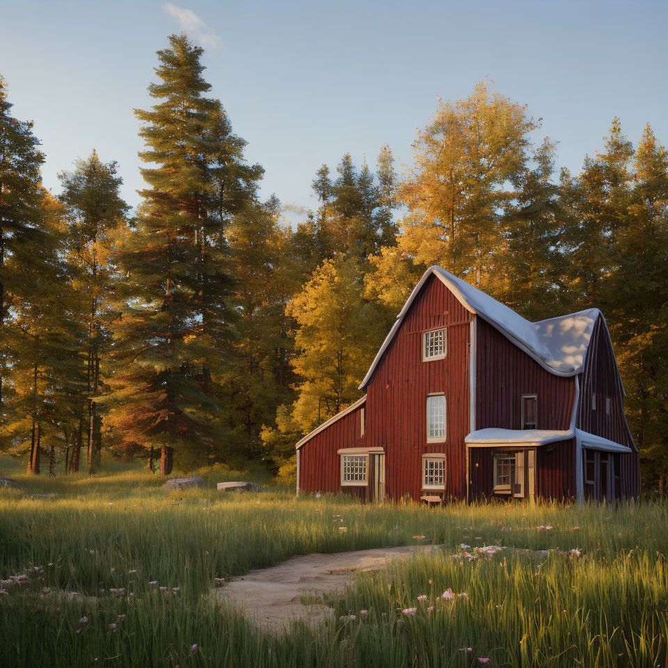 Tranquil autumn landscape with red barn and colorful trees at sunset