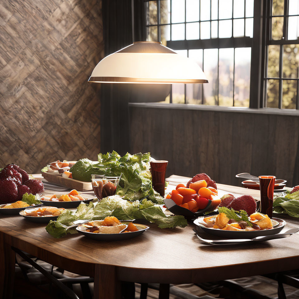 Inviting dining scene with pendant lamp, wooden table, food, drinks, and window view