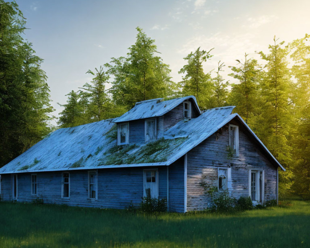 Weathered Blue House Surrounded by Trees in Sunlight