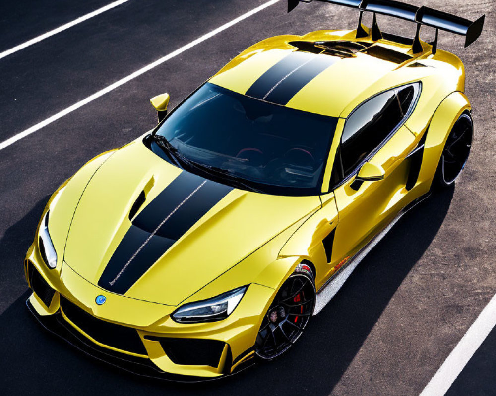 Yellow Sports Car with Black Racing Stripes and Large Rear Wing on Asphalt Surface