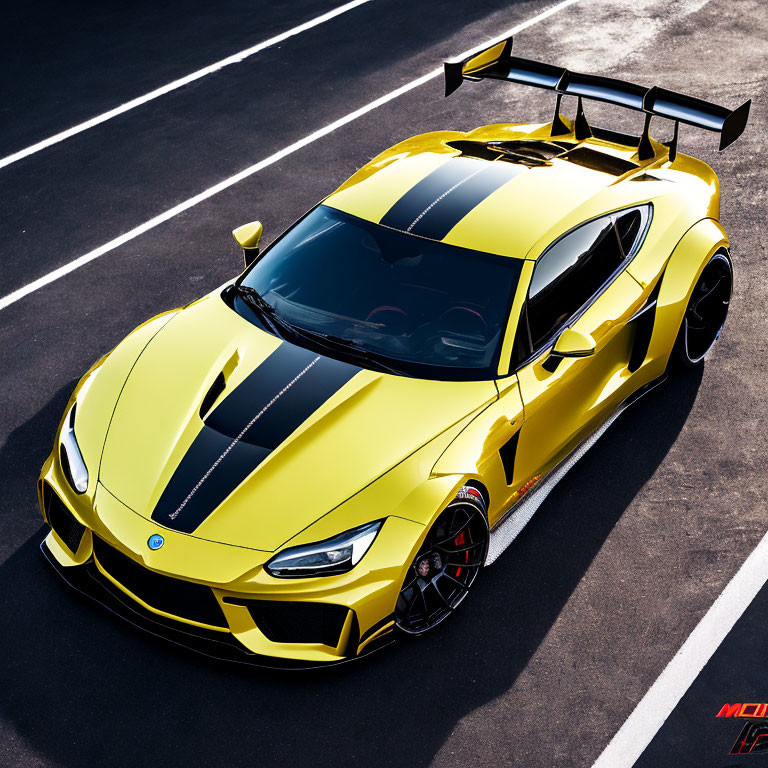 Yellow Sports Car with Black Racing Stripes and Large Rear Wing on Asphalt Surface