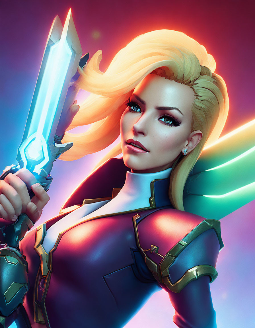 Female warrior with blue glowing sword in futuristic armor against neon-lit background