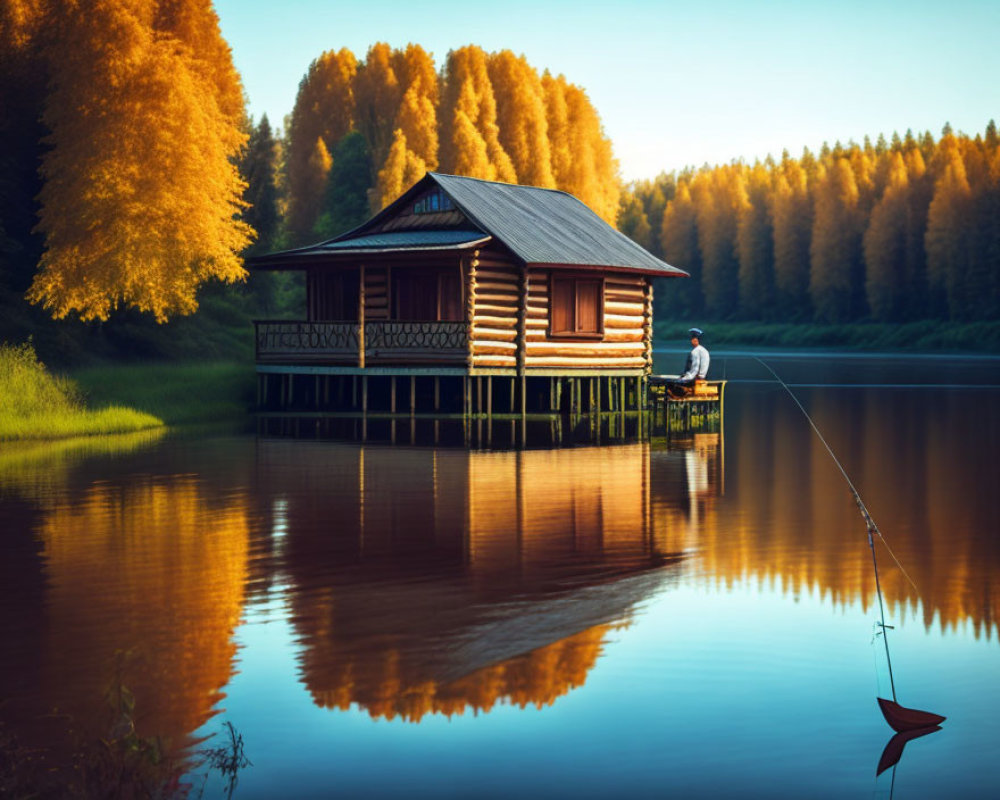 Tranquil autumn lake scene with person fishing by log cabin